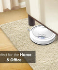 Robot Vacuum Cleaner With Upgraded Lithium Battery 90 Minute Runtime Auto Stairs Detection Pet Hair Removal Allergy Friendly Home Cleaning For Carpet And Hardwood Floors PUCRC25 V3 under sofa on carpet