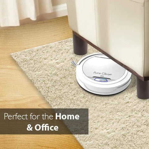 Robot Vacuum Cleaner With Upgraded Lithium Battery 90 Minute Runtime Auto Stairs Detection Pet Hair Removal Allergy Friendly Home Cleaning For Carpet And Hardwood Floors PUCRC25 V3 under sofa on carpet