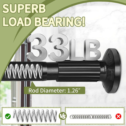 Close-up of Extra Long Adjustable Curtain Rod No Drilling For Windows, Patio, Or Bathroom Outdoor Use, with 33 lbs capacity and 1.26-inch diameter.