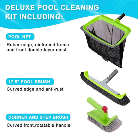 3 Piece Pool Cleaning Kit With Skimmer Net, 17.5 Inch Aluminum Wall Brush, And 90 Degree Rotatable Hand Scrub Brush For Steps, Corners And Vinyl Liners Pole Not Included. Green color.