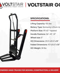 Voltstair Go Portable Electric Stair Climbing Dolly With Removable Battery Black And Red specifications showing weight and dimensions.