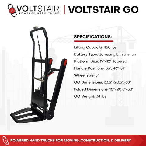 Voltstair Go Portable Electric Stair Climbing Dolly With Removable Battery Black And Red specifications showing weight and dimensions.