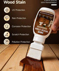 Real Talk Teak Wood Stain And Sealer In One With Built In Brush for outdoor deck application on wood surface.