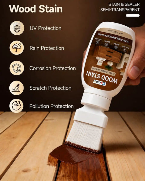 Real Talk Teak Wood Stain And Sealer In One With Built In Brush for outdoor deck application on wood surface.