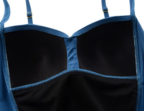 Close-up of Push Up Tankini Top For Women Ruched Tummy Control Swim Top In Blue Size US 12 with padded cups.