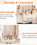 6.5L Party Ice Bucket With Scoop For Champagne And Beverages Portable Cooler displayed with ice and bottles, showing handles and scoop.