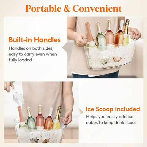 6.5L Party Ice Bucket With Scoop For Champagne And Beverages Portable Cooler displayed with ice and bottles, showing handles and scoop.