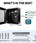 Heavy Duty Outdoor Electric Charger Lock Enclosure Wall Mount protective housing with dimensions and accessories, 23X19X10 inches.