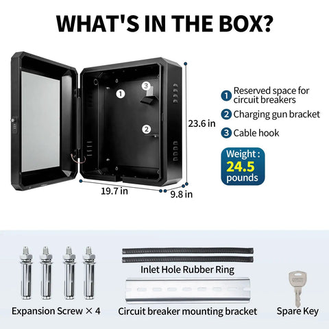 Heavy Duty Outdoor Electric Charger Lock Enclosure Wall Mount protective housing with dimensions and accessories, 23X19X10 inches.