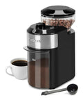 Premium Electric Burr Coffee Grinder With 28 Precision Settings And Anti Static Build, glossy black with ground coffee container and cup.