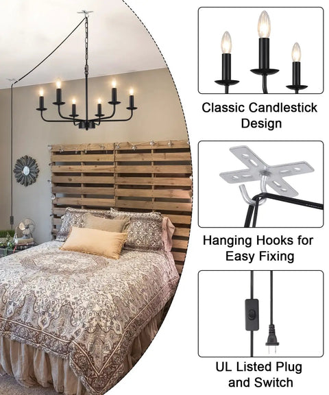 Bedroom with 12 Light Black Farmhouse Chandelier, 32 Inch Large Foyer Ceiling Light Fixture showing candlestick design and UL plug.