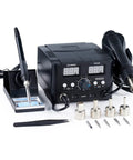 All In One Soldering And Hot Air Rework Station 750W Digital Temperature Control SMD Rework Soldering Tool And Heat Gun Set displayed on table