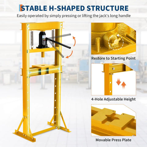 Heavy Duty 12 Ton Hydraulic Shop Press With Sturdy H Frame for Precision Axle Straightening and Stubborn Bearing Removal, showcasing stable H-shaped structure.