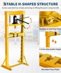 Tough As Nails 12 Ton Hydraulic Shop Press Featuring H Frame Design With Adjustable Height Worktable And Rugged Steel Plates, showing stable H-shaped structure.