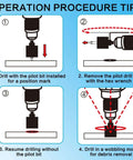 Instructional infographic for 3/4 inch diamond hole saw bits with pilot bit, showing setup and drilling steps