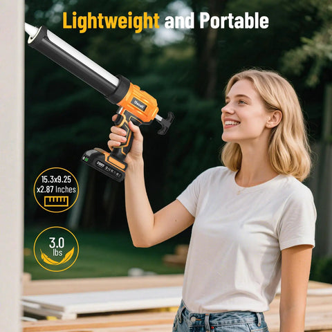 Person holding Cordless Caulking Gun With Two 2000mAh Batteries 4 Adjustable Speeds LED Light 10oz Cartridge in outdoor setting