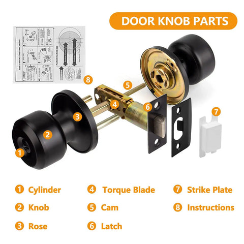 15 Pack Keyless Matte Black Door Knobs With Privacy Interior Lock For Bedroom And Bathroom Doors, assembly parts diagram