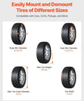 Tire size chart showing dimensions for electric tire changer and balancer combo 12-24.4 inch clamping range for cars, SUVs, pickups