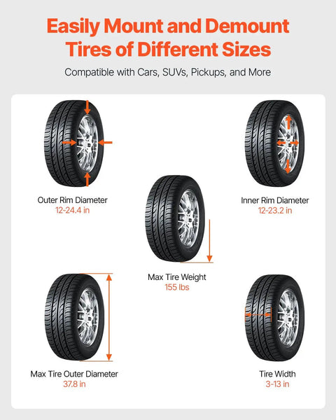 Tire size chart showing dimensions for electric tire changer and balancer combo 12-24.4 inch clamping range for cars, SUVs, pickups
