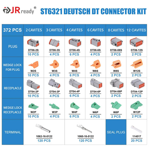 DT Waterproof Automotive Connector Kit, 372-Piece Set With 2 3 4 6 8 12 Pin Sealed Housings, PA66 Nylon components displayed