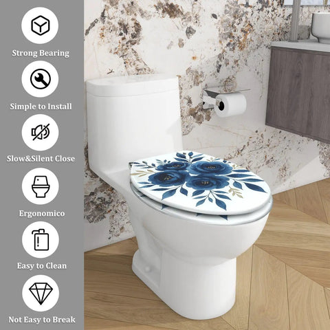 Elongated Toilet Seat Quiet Close Quick Release Bathroom with floral design, fitting standard toilets, easy to clean.