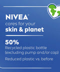 NIVEA eco-friendly message highlighting recycled plastic usage in product packaging for skin and planet care.