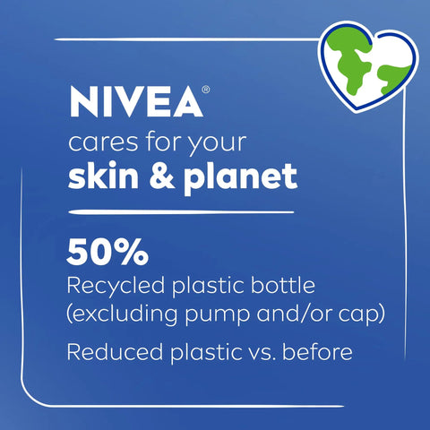 NIVEA eco-friendly message highlighting recycled plastic usage in product packaging for skin and planet care.