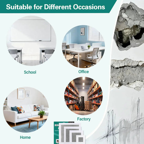 Drywall Repair Kit For Large Holes And Damaged Walls 25 Piece Patch Set With Scrapers Sandpaper And Gloves Includes 2x3 4x7 6x6 8x4 Inch Patches Quick Fix For Ceiling And Bathroom Walls visible with collage of school, office, factory, and home environments.
