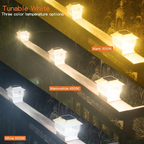 Three 6 Pack Solar Post Cap Lights For 4x4 Vinyl And 4x4 To 6x6 Wood Posts, showing color temperatures: warm, warm+white, white
