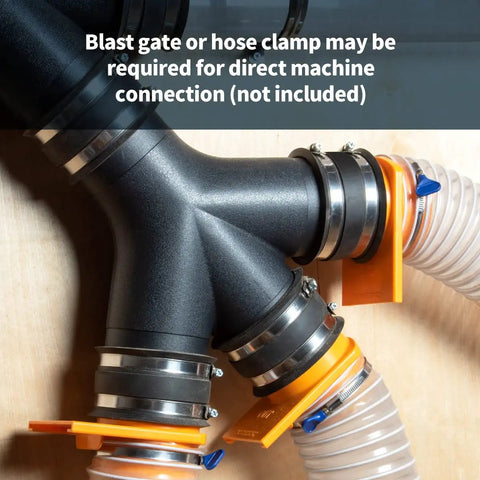 Heavy Duty Three Way Dust Collection Fitting With Y Shaped Splitter showing ABS molded connections for dust control.
