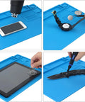 Using Pro Grade Soldering Mat For Electronics Repair With Magnetic Zones And Heat Resistant Silicone Work Pad 70 Compartments And 3 Magnetic Areas For Screws Tools Watches Phones Eyeglasses Knives Size 13.8 By 9.9 Inches with phone, watch, tablet, and knife for repair tasks.
