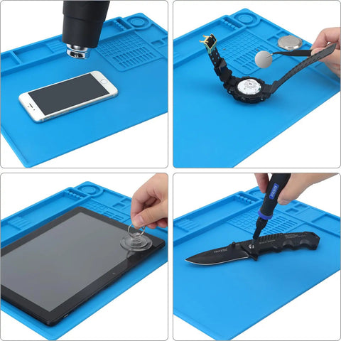 Using Pro Grade Soldering Mat For Electronics Repair With Magnetic Zones And Heat Resistant Silicone Work Pad 70 Compartments And 3 Magnetic Areas For Screws Tools Watches Phones Eyeglasses Knives Size 13.8 By 9.9 Inches with phone, watch, tablet, and knife for repair tasks.