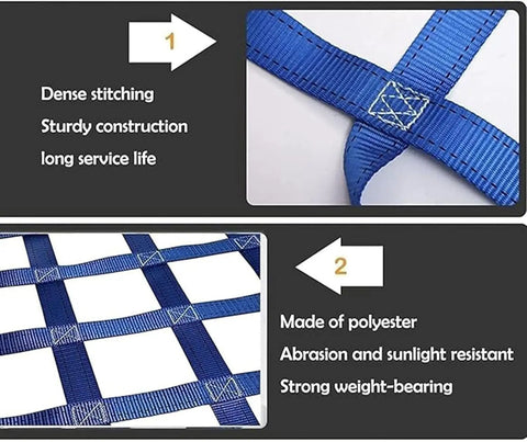 Rock Solid Heavy Duty Hoisting Lifting Cargo Net For Material Handling Built From Dense Weave Polyester showing dense stitching and strong textile construction.