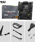 Beast AM5 Gaming Motherboard With WiFi 7 And 5G LAN DDR5 Boost To 8400 MTs showing motherboard, cables, and accessories