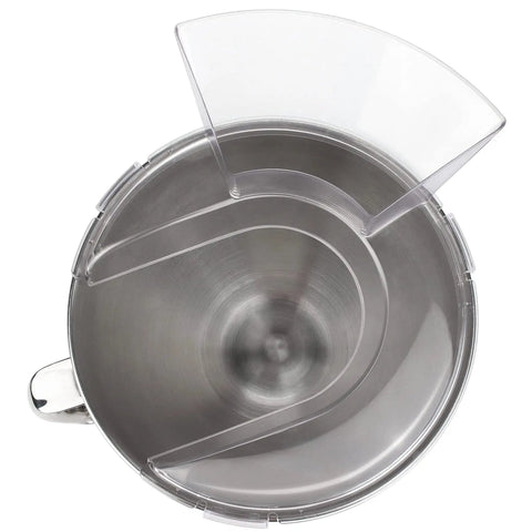 Top view of Pouring Shield for 4.5 to 5 Quart Tilt-Head KitchenAid Mixers, Clear Splash Guard on stainless steel bowl