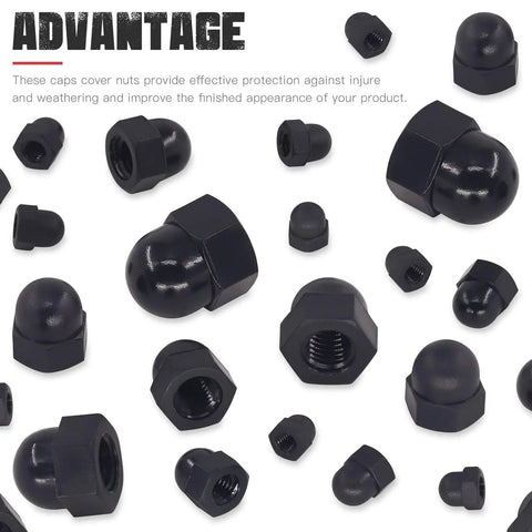 Black Nylon Acorn Nuts Assortment Kit 7 Sizes 100 Pcs Inner Threaded Dome Cap Nuts scattered layout with advantage text