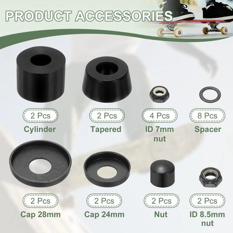 Premium Skateboard Bushings And Truck Rebuild Kit With Hella Tough Washers And Pivot Cups Set in black PU parts and accessories.