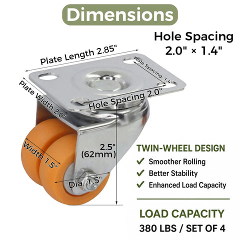 Heavy Duty 1.5 Inch Dual Wheel Casters Set Of 4 Featuring Two Wheel Brakes And Top Shelf Chrome Finish for dimensions and specifications.