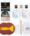 Color Match Countertop Repair Kit For Granite Marble Quartz Corian Tile And Stone Surfaces With Epoxy Resin For Chip Crack Holes DIY Kit contents displayed with containers, spatula, and manual.