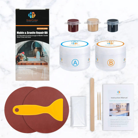 Color Match Countertop Repair Kit For Granite Marble Quartz Corian Tile And Stone Surfaces With Epoxy Resin For Chip Crack Holes DIY Kit contents displayed with containers, spatula, and manual.