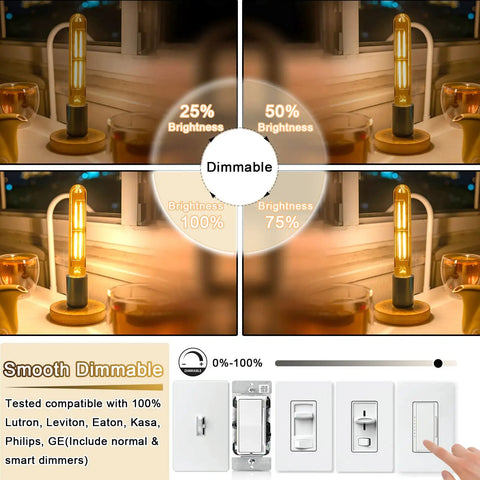 6 Pack E26 LED Bulbs 6W Dimmable 2700K Soft White 800 Lumens Equal 80W Tubular T10 T9 showing dimmable settings with 4 brightness levels.