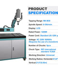 Doppy 1200W Servo Electric Tapping Machine M6 To M30 With 9 Piece Collet Set specifications with LCD display and adjustable arm.