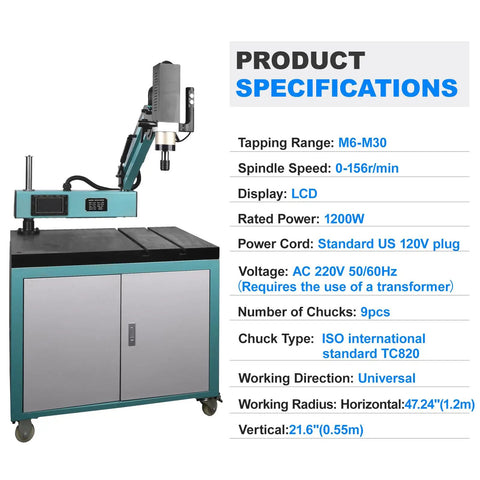 Doppy 1200W Servo Electric Tapping Machine M6 To M30 With 9 Piece Collet Set specifications with LCD display and adjustable arm.
