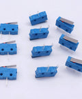 Top view of Workhorse 10 Pack 250V 5A Micro Switches 2 Pin 1NO Lever Tact Switches With 16mm Lever, arranged in a group.