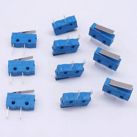 Top view of Workhorse 10 Pack 250V 5A Micro Switches 2 Pin 1NO Lever Tact Switches With 16mm Lever, arranged in a group.