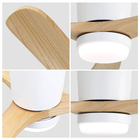 42" Low Profile Ceiling Fan with Light, Matte White Wood Blade Flush Mount Fan, close-up of wood blades and light fixture.