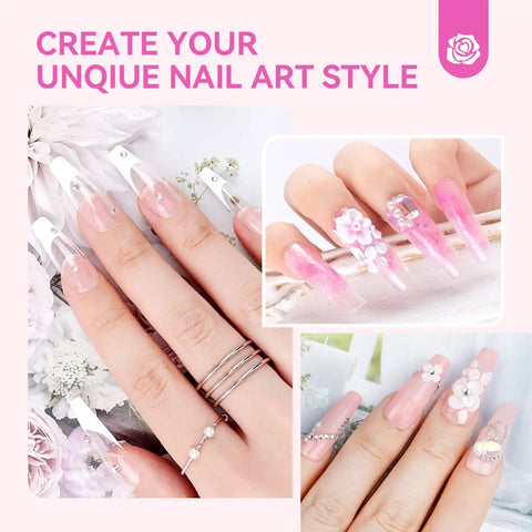 Acrylic Nail Kit With UV Light For Home DIY Easy Starter Set showing floral nail art design on manicured hands.