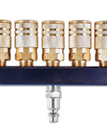 5 Way Air Manifold With 1/4 Inch Industrial 6-Ball Brass Couplers, Splitter Output, Durable Aluminum Body, High Corrosion Resistance, Easy Hookups For Workshop Air Lines And Quick Tooling