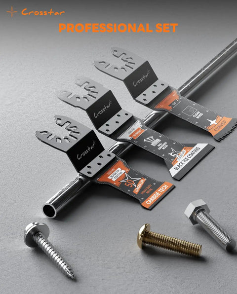 Tough As Nails Oscillating Multi Tool Blades Seven Piece Kit with CR V steel and carbide grit blades set on a gray surface.