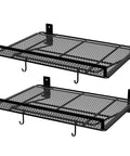 2 Pack Wall Mounted Garage Shelves 16.5 Inch By 12.2 Inch Heavy Duty Holds Up To 160 Lbs Space Saving Organizer For Garage Office Laundry Basement Closet And Kitchen Built Tough For Real Life showing two black metal shelves with hooks.